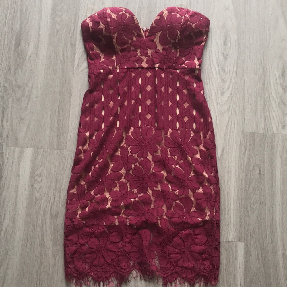 Wine colored strapless lace dress